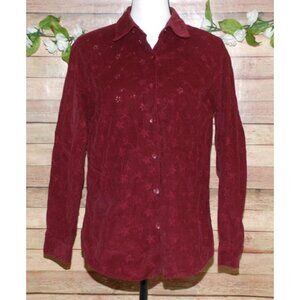 Lemon Grass Size M Burgundy Red Corduroy Floral Embroidered Button Front Shirt